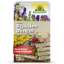Eine Schachtel mit Neudorff Shop Azet StaudenDünger, einem organischen Dünger für Gärten und Stauden, mit bunten Blumen und deutschen Produktinformationen auf der Vorderseite.