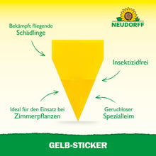 Een gele, driehoekige Geel-Sticker van Neudorff Shop, insecticidevrij en geurloos, bestrijdt effectief vliegende plagen zoals rouwmuggen op kamerplanten. Bovenaan is het Neudorff-logo afgebeeld.