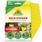 Eine Packung Neudorff Shop Gelb-Sticker enthält 10 gelbe Klebefallen für Zimmerpflanzen, die auf der Vorderseite als wirksam gegen Trauermücken in Kübelpflanzen ausgewiesen sind, mit deutscher Gebrauchsanweisung.