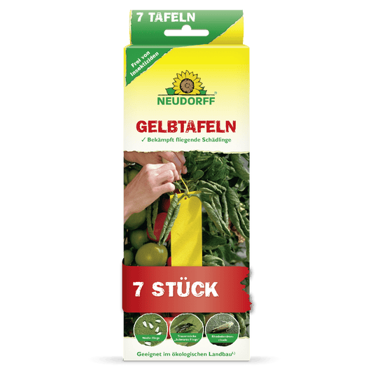 Een rechthoekige geel-groene doos met de opdruk "Neudorff Shop Geelplaten (kleinformatig)" en een afbeelding van gele kleefvallen tussen tomatenplanten. Bestrijdt vliegende plagen zoals rouwmuggen en witte vliegen. Bevat 7 stuks.