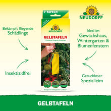 Een rechthoekige doos met de opdruk "Geelplaten (kleinformatig)" van Neudorff Shop toont een gele kleefval tussen tomaten. Het is vrij van insecticiden, ideaal voor kassen en bloemenvensters en richt zich tegen plagen zoals rouwmuggen en witte vliegen.