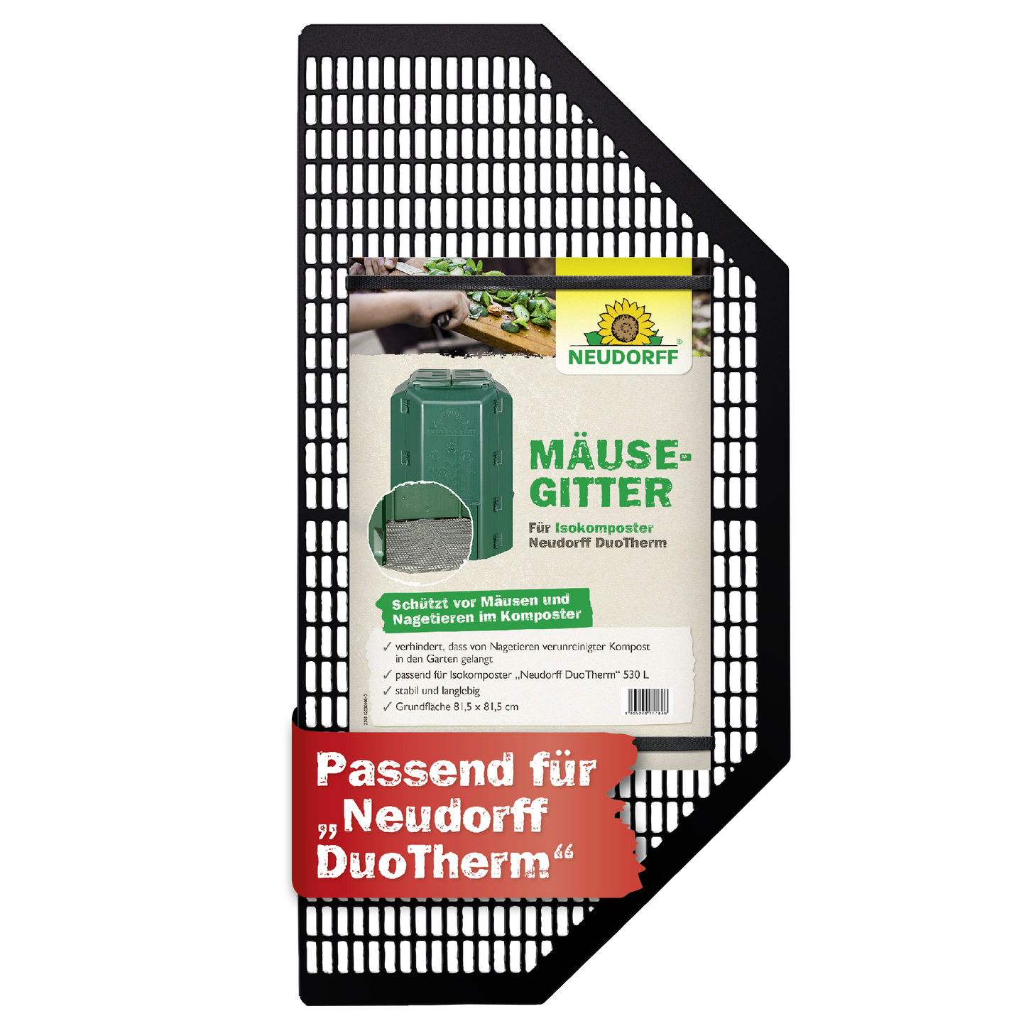 Ein schwarzes Metall-Mäusegitter von Neudorff Shop, das als Mäuseschutz für Komposttonnen gekennzeichnet ist, bietet Rattenschutz und ist kompatibel mit dem Neudorff DuoTherm Thermokomposter.