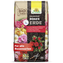 Ein 20-Liter-Sack Neudorff Shop NeudoHum RosenErde, ein torffreies, veganes Bio-Pflanzsubstrat mit deutschen Texten und Piktogrammen, bietet optimale Wachstumsbedingungen für alle Rosensorten.