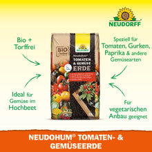 Ein Sack NeudoHum Tomaten- & GemüseErde aus dem Neudorff Shop wird mit frischen Tomaten und Sommergemüse gezeigt. Die torffreie Erde eignet sich für Hochbeete und liefert Nährstoffe für den vegetarischen Anbau.