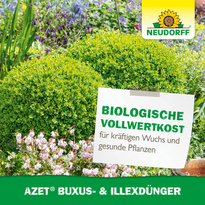 In einem üppigen Garten stehen zwei beschnittene Buchsbäume inmitten lila und rosa Blüten. Auf einem Schild steht: "Biologische Vollwertkost für kräftigen Wuchs & gesunde Pflanzen". Neudorff Shop Azet Buxus- & IlexDünger unterstützt gesunde Ilexe. Neudorff-Logo oben rechts.