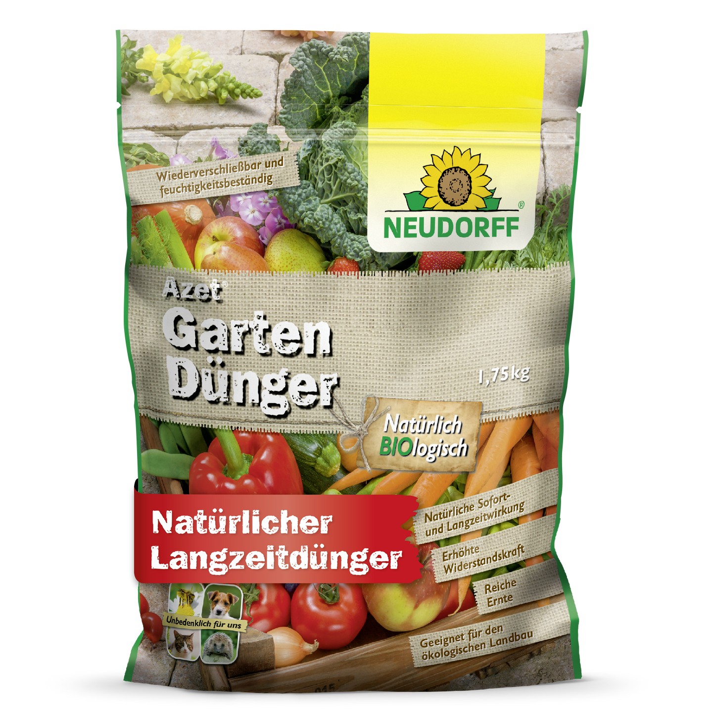 Ein 1,75-kg-Beutel Neudorff Shop Azet GartenDünger, ein organischer Dünger für die Langzeitpflege des Gartens, mit Abbildungen von Gemüse, dem Neudorff-Logo und einem deutschen Text über die optimale Pflanzendüngung.