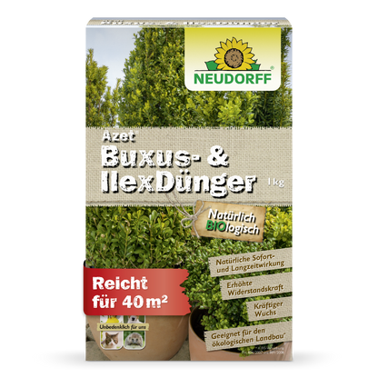 Eine 1 kg Kiste Neudorff Shop Azet Buxus- & IlexDünger mit natürlichen Inhaltsstoffen reicht für 40 m², ideal für Buchsbäume und Stechpalmen und perfekt für den ökologischen Gartenbau.