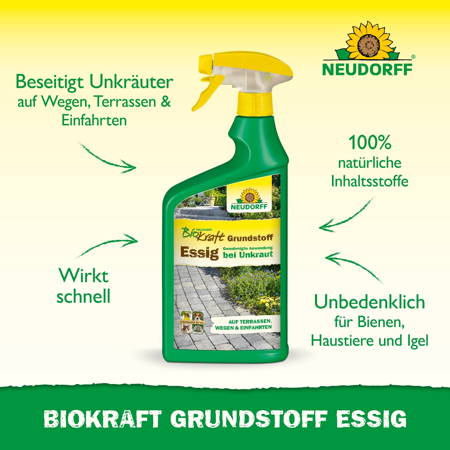 Eine grüne Sprühflasche mit der Aufschrift "Neudorff BioKraft Grundstoff Essig" aus dem Neudorff Shop steht aufrecht. Der deutsche Text hebt die natürlichen Inhaltsstoffe, die schnelle Wirkung und die sichere, effektive Unkrautentfernung für tier- und bienenfreundliche Terrassen und Wege hervor.