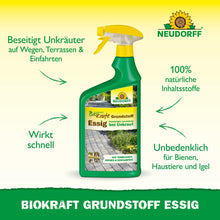 Een groene spuitfles met het opschrift "Neudorff BioKraft Grundstoff Essig" uit de Neudorff Shop staat rechtop. De Duitse tekst benadrukt de natuurlijke ingrediënten, de snelle werking en de veilige, effectieve onkruidverwijdering voor diervriendelijke en bijvriendelijke terrassen en paden.