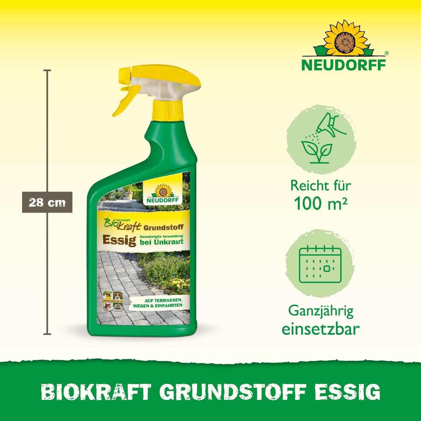 Abgebildet ist eine 28 cm hohe Sprühflasche Neudorff BioKraft Grundstoff Essig aus dem Neudorff Shop, die 100 m² abdeckt und Terrassen und Wege unkrautfrei hält - perfekt für alle, die das ganze Jahr über unkrautfreie Terrassen haben wollen.