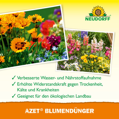 Ein Werbebild für Azet BlumenDünger flüssig von Neudorff Shop zeigt bunte Blüten und listet Vorteile wie gesünderes Pflanzenwachstum und Eignung für den Bio-Anbau auf Deutsch.