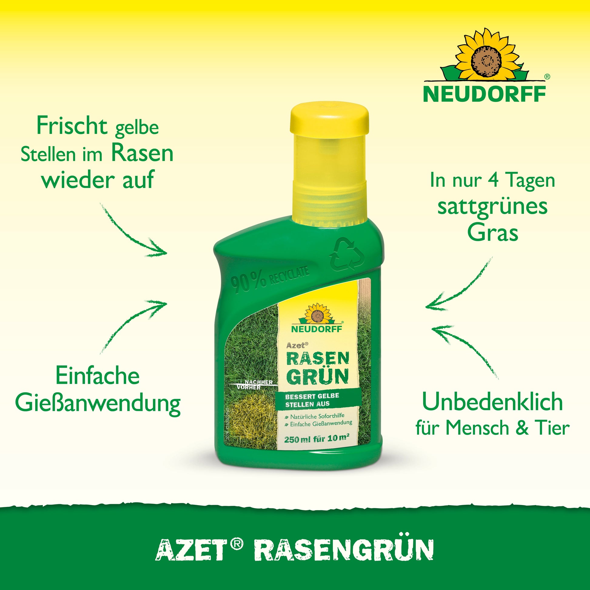 Eine grüne 250-ml-Flasche Neudorff Shop Azet RasenGrün verspricht einen sattgrünen Rasen in nur 4 Tagen, eine schnelle Erholung von gelben Flecken und eine sichere Anwendung für Mensch und Haustier.