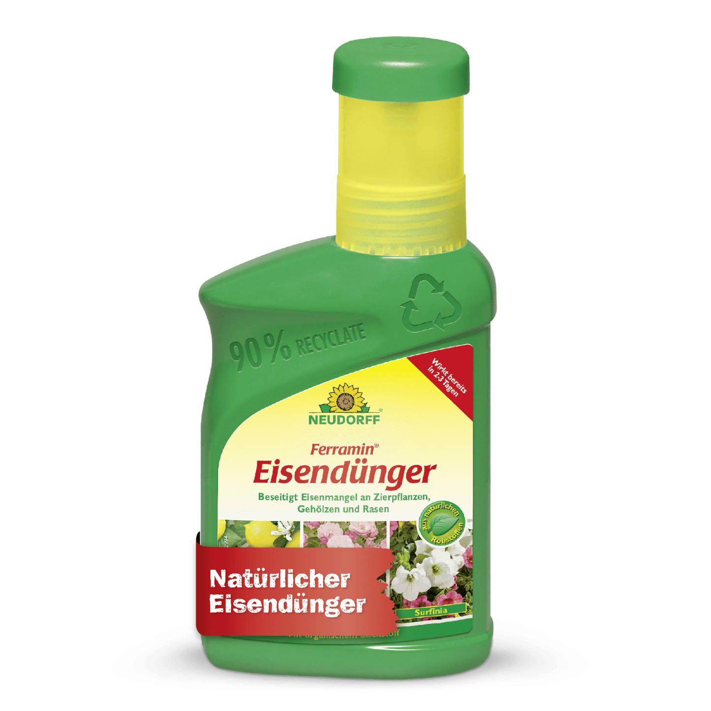 Une bouteille en plastique verte Neudorff Shop Ferramin engrais de fer avec un bouchon jaune porte sur l'étiquette l'inscription "engrais de fer naturel" et est destinée comme engrais de fer et engrais pour pelouse pour plantes ornementales et pelouses contre la carence en azote.