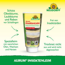 Un tube d'Aurum InsektenLeim de Neudorff Shop est debout et porte un texte allemand sur la protection des arbres fruitiers contre les fourmis et les femelles de la noctuelle d'hiver. Sur le fond vert-jaune, le logo Neudorff est visible en haut.