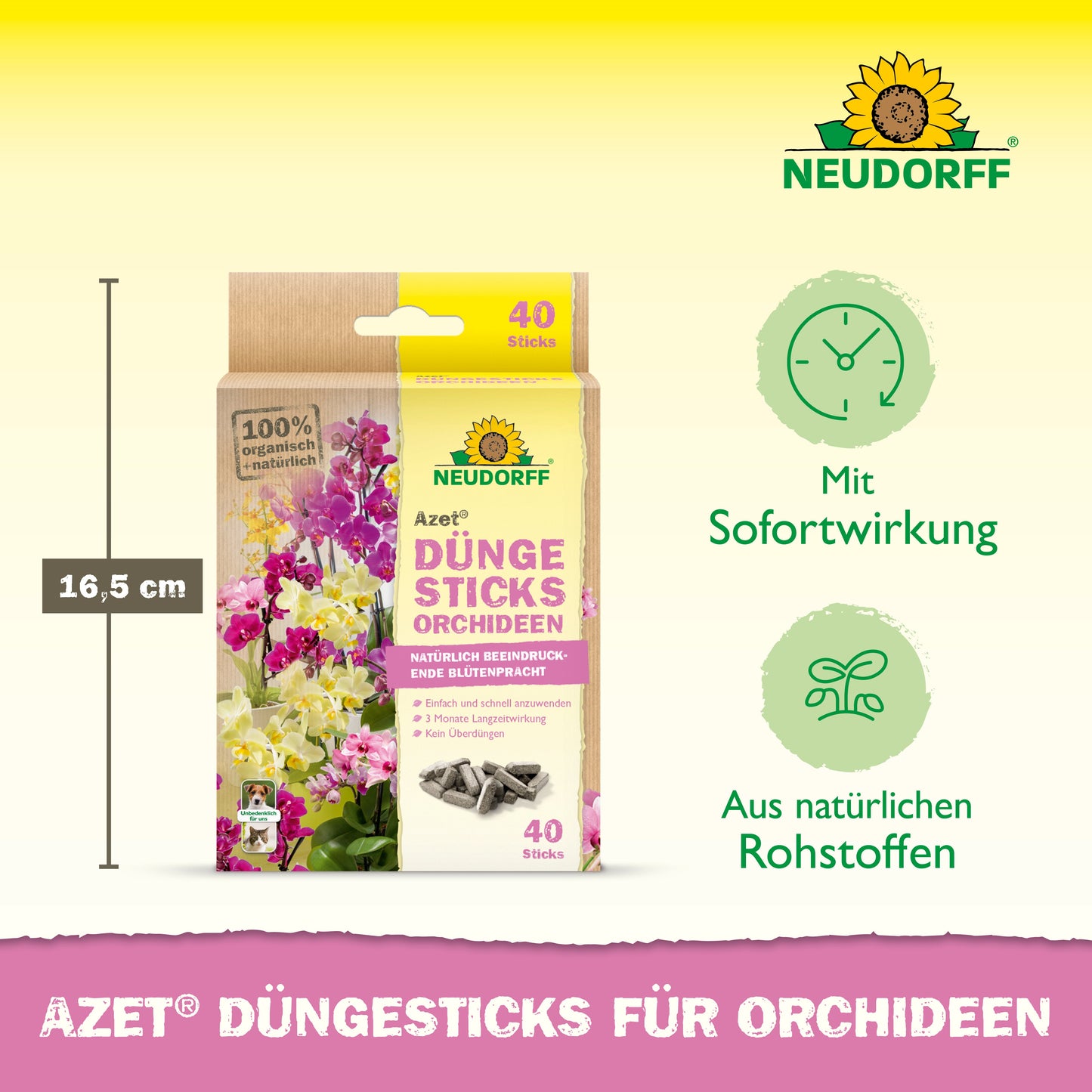 Abgebildet ist eine Packung Azet Düngesticks für Orchideen von Neudorff Shop mit 40 Sticks, sofortiger Wirkung, natürlichen Inhaltsstoffen und 16,5 cm Höhe. Exotische Blüten und die Sticks sind ebenfalls zu sehen.