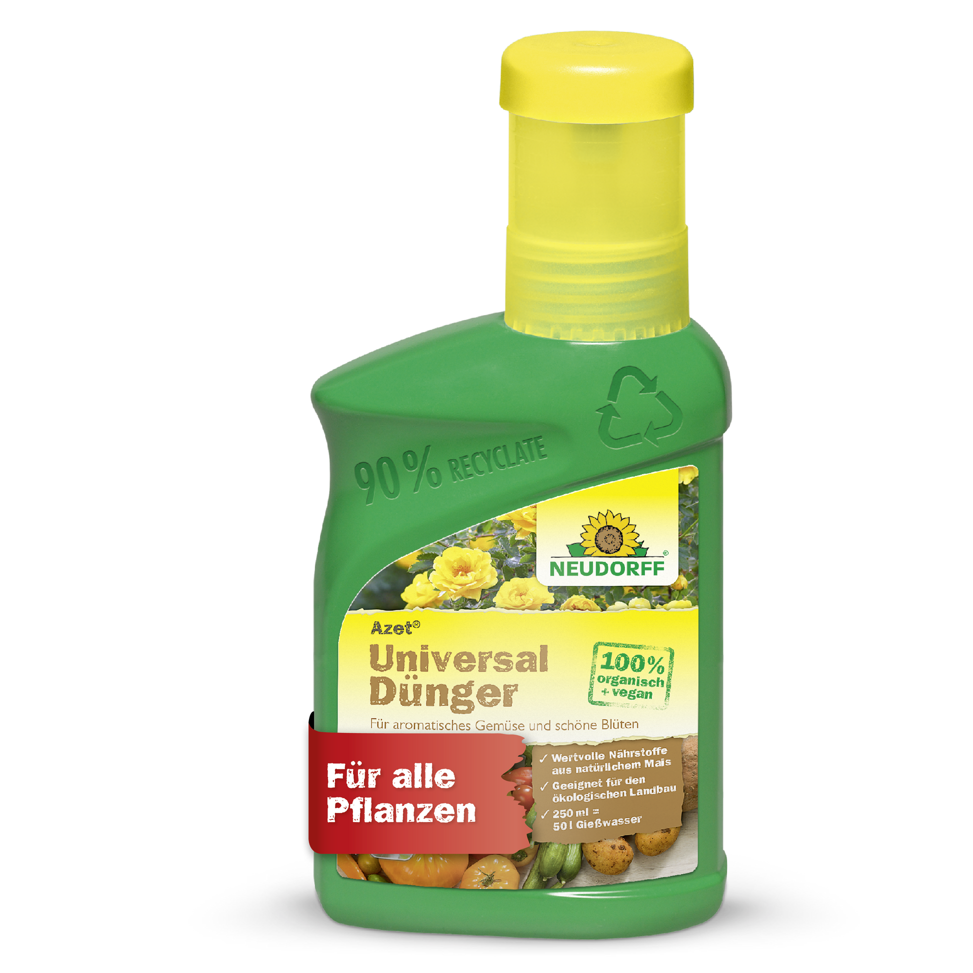 Auf einer grünen Plastikflasche von Neudorff Shop Azet UniversalDünger flüssig mit gelbem Verschluss, auf der "Für alle Pflanzen" und "100% organisch vegan" steht, sind Gemüse und Blumen abgebildet, was das ausgewogene Nährstoffverhältnis unterstreicht.