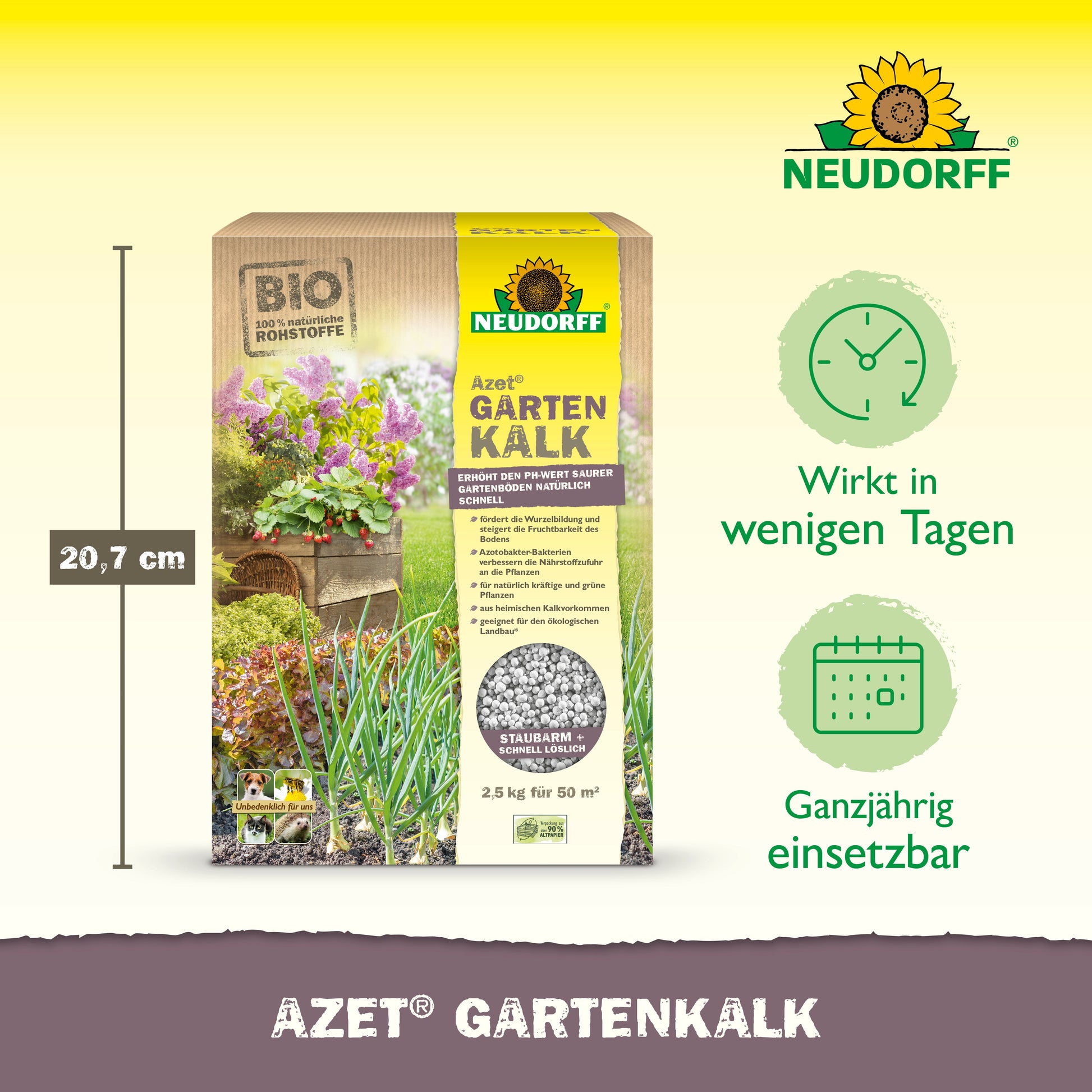 Eine 2,5 kg schwere Neudorff Shop Azet GartenKalk-Packung (20,7 cm hoch) steht aufrecht neben den Gartenpflanzen und zeigt einen Text über die schnelle Wirkung von Kalk, die ganzjährige pH-Einstellung und das Neudorff Shop-Logo in der rechten oberen Ecke.