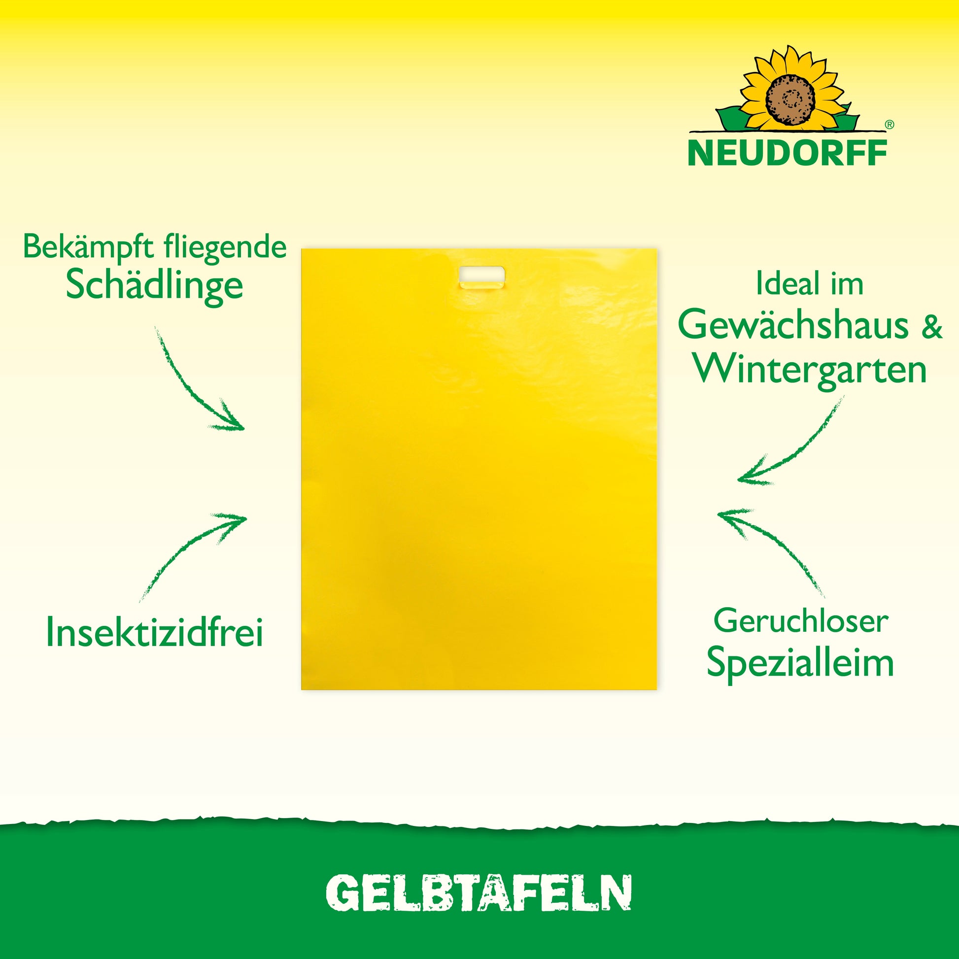 Die Neudorff Shop Gelbtafeln (großformatig) Klebefalle bekämpft Pflanzenschädlinge insektizidfrei, ist ideal für Gewächshäuser und Wintergärten, verwendet geruchsneutralen Spezialkleber und trägt oben das Neudorff-Logo.