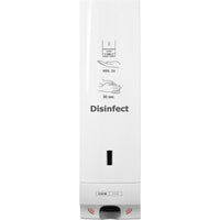 Le distributeur de désinfectant CWS ParadiseLine « Disinfect Non touch », avec panneau blanc, est un distributeur de désinfectant blanc, à fixation murale et sans contact, de la marque CWS, muni d'un autocollant « Disinfect » et d'un mode d'emploi illustré indiquant la quantité à utiliser et la durée de 30 secondes pour la désinfection des mains.