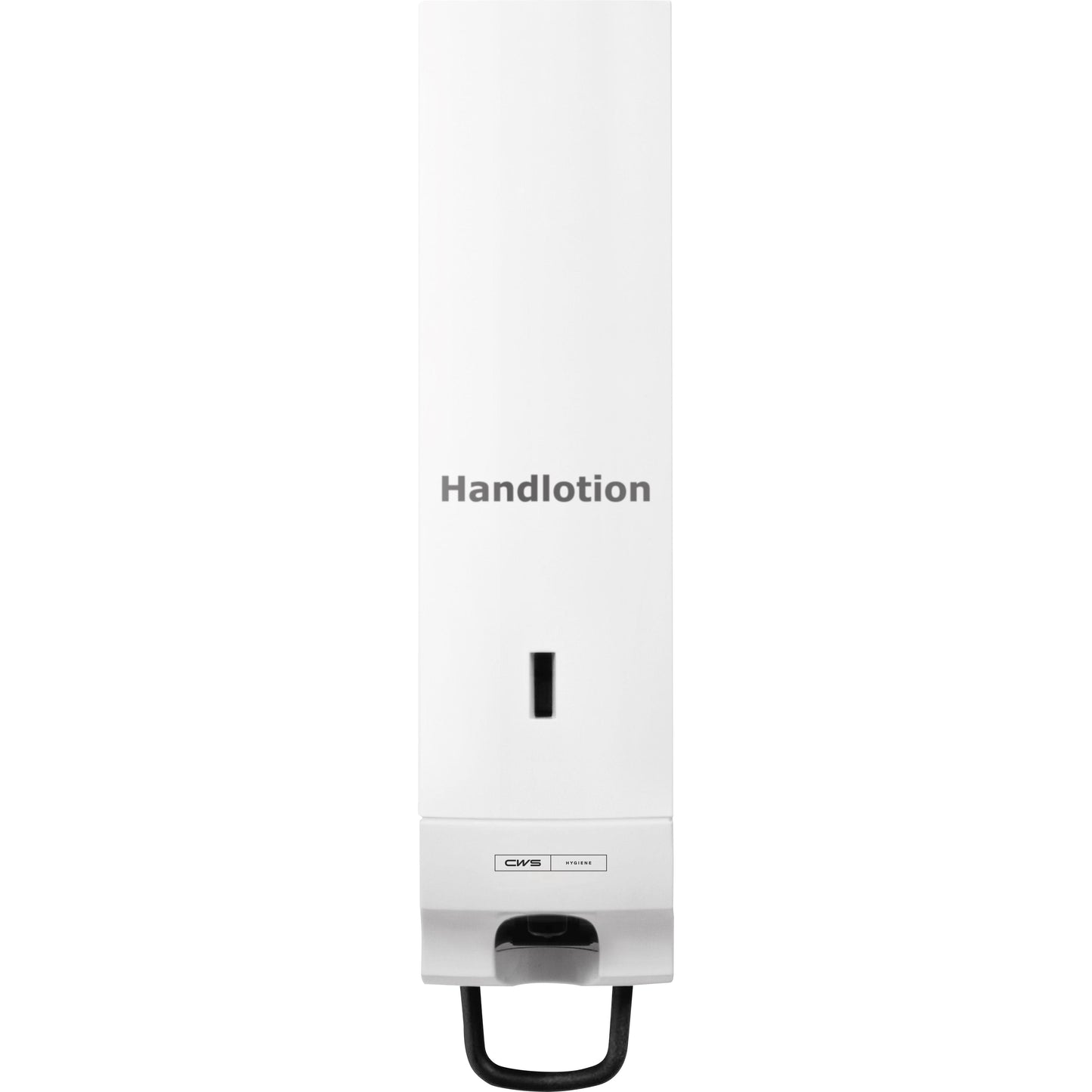 Le CWS ParadiseLine Handlotion Slim, y compris le panneau blanc avec l'inscription "Handlotion" de CWS, un distributeur mural blanc au design élégant, apporte de l'élégance aux salles de bain modernes.