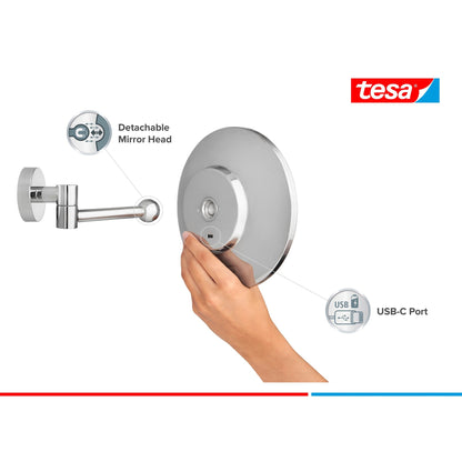 tesa VISIOON LED-Kosmetikspiegel Schwenkarm, selbstklebend, Metall verchromt, chromfarbener Kunststoff – Produktmerkmale