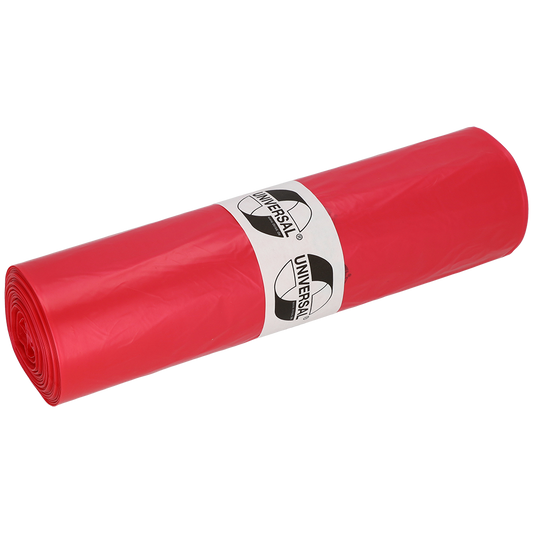 Abgebildet ist eine Rolle EMIL DEISS KG (GmbH + Co.) DEISS 41001 rote Müllsäcke, 700x1100x0,023 mm (50 Säcke/Rolle), mit einem um die Mitte gewickelten weißen "UNIVERSAL"-Etikett, auf einem unifarbenen, hellen Hintergrund.