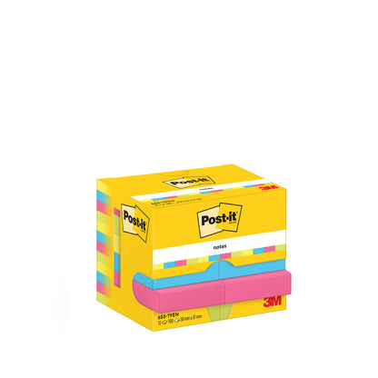 Ein 12er-Pack Post-it® Notes (38 x 51 mm, Energetic Collection) von 3M Deutschland GmbH mit 100 Blatt pro Block, in einer gelben Umweltbox (100% PEFC), perfekt für die Büroorganisation - farbenfroh und klar gebrandet.