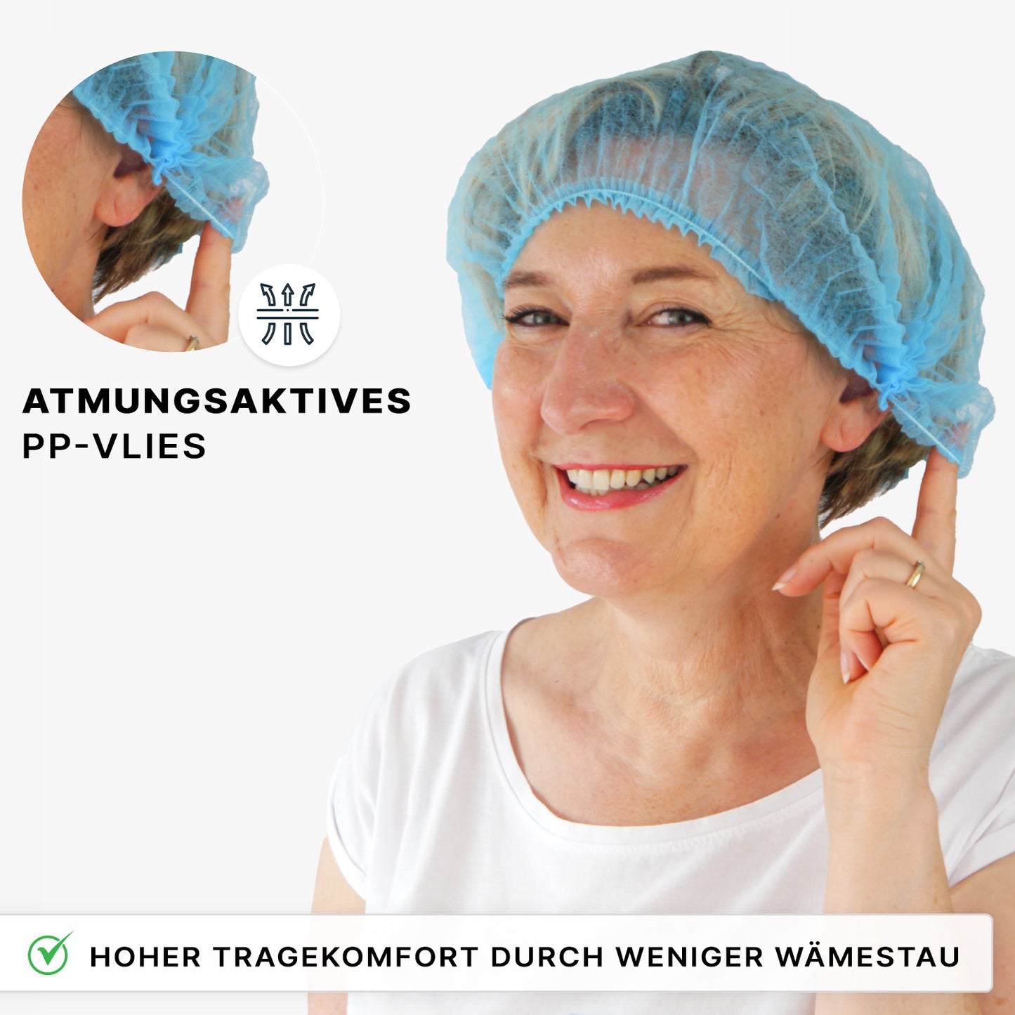 Une femme souriante en chemise blanche touche le ARNOMED COVER PP-KLIPPHAUBE XL (55cm, ARNOWA GmbH). Texte : "Non-tissé PP respirant" et "Grand confort de port grâce à moins d'accumulation de chaleur. Parfait pour l'hygiène."
