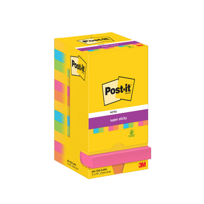 Eine gelbe Schachtel Post-it® Super Sticky Notes (76 mm x 76 mm, 90 Blatt/Block) von 3M Deutschland GmbH, mit verschiedenen Blöcken und dem Post-it-Logo.