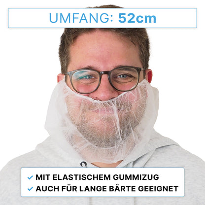 Ein bärtiger Mann mit Brille trägt den ARNOMED PP-Bartschutz Weiß von ARNOWA GmbH. Über ihm: "UMFANG: 52cm". Darunter steht: "Mit elastischem Gummizug" und "Auch für lange Bärte geeignet", jeweils mit blauen Häkchen versehen.