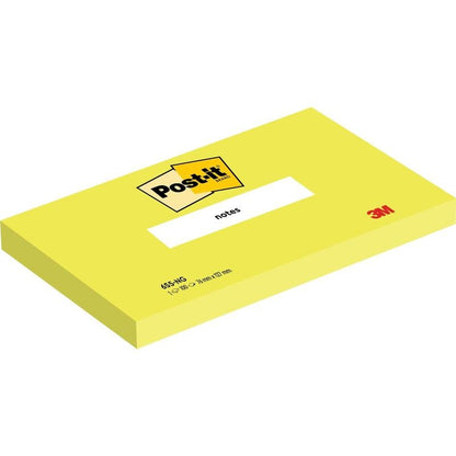 Afgebeeld is een rechthoekig geel Post-it® notitieblok (76 mm x 127 mm, 100 vel/blok, 100% PEFC) van 3M Deutschland GmbH met het Post-it-logo bovenaan, "notes" in het midden en het 3M-logo in de rechterbenedenhoek.