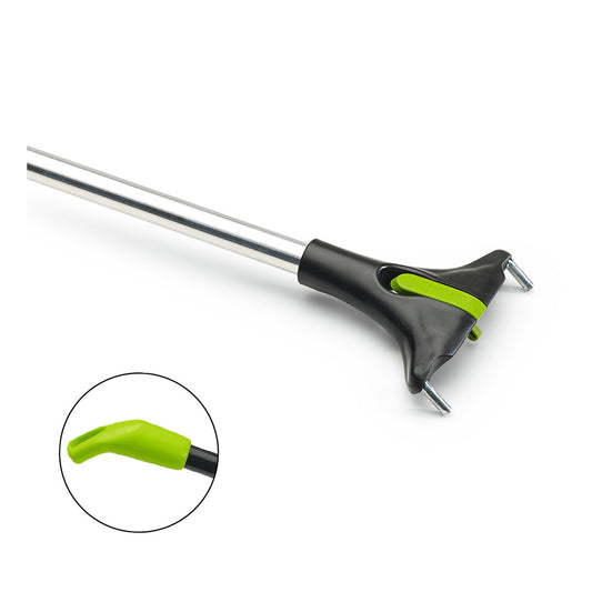 Der Nölle Profi Brush BECOnnect Aluminium-Stiel von Nölle Profi Brush Bürsten- & Pinseltechnik e.K. besteht aus einem Metallstab mit einem schwarz-grünen, klauenähnlichen Greifwerkzeug aus Kunststoff, wobei die grüne Spitze durch eine Nahaufnahme besonders hervorgehoben wird.