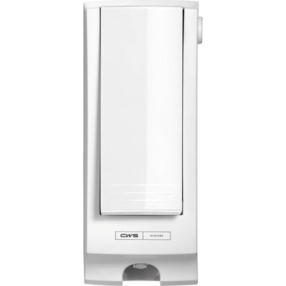 Le distributeur de nettoyant pour siège de toilette blanc CWS ParadiseLine SeatCleaner, y compris le panneau, séduit par un design rectangulaire moderne et des lignes fines - l'étiquette en bas affiche "CWS Hygiene" pour la propreté dans chaque environnement.