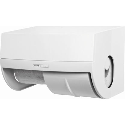 De CWS ParadiseLine toiletpapierdispenser (inclusief toiletpapier en paneel, wit) is een aan de wand te bevestigen, witte rechthoekige dispenser met zichtbare papierrol en etiket aan de voorkant, ideaal voor elke toiletruimte. Merk: CWS. Inclusief 1 stuk.