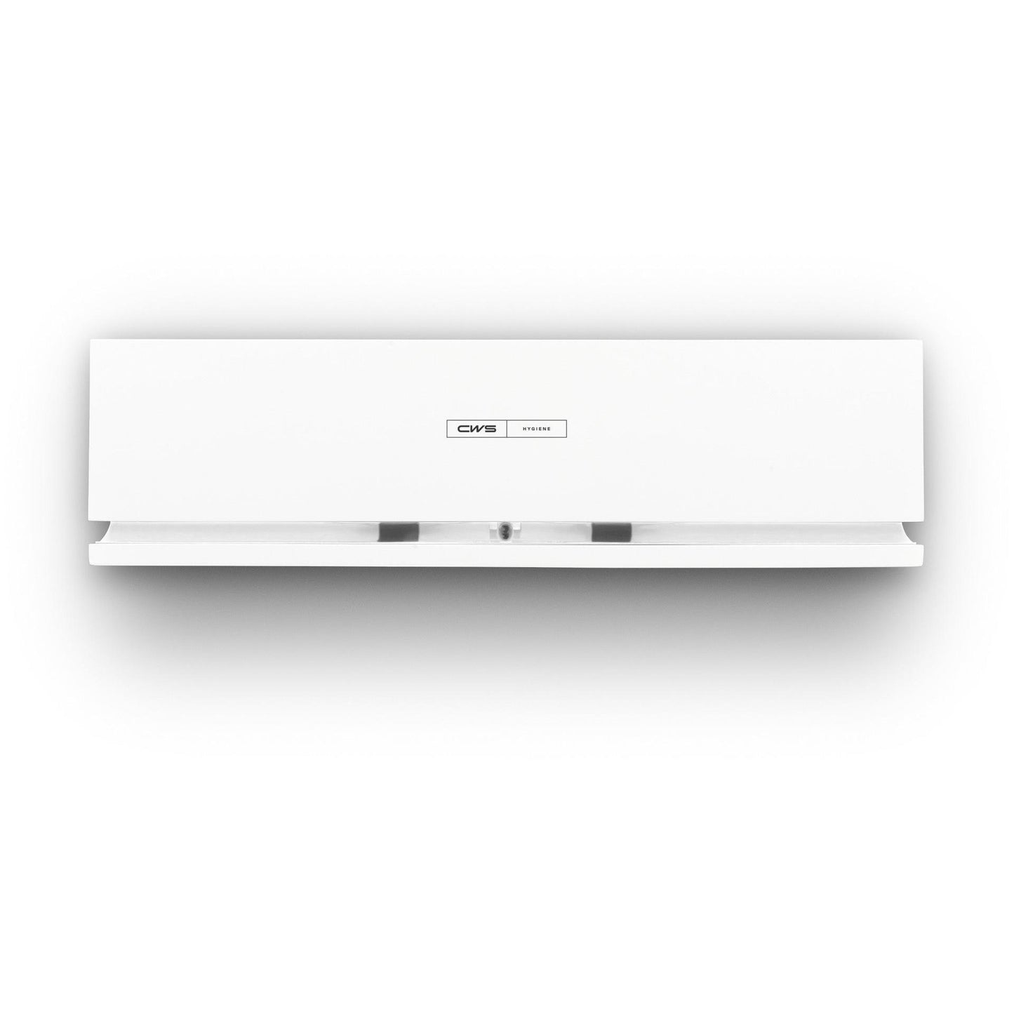 Een witte, rechthoekige, wandgemonteerde papieren handdoekdispenser met "CWS"-logo past perfect bij de CWS ParadiseLine geurverspreider Air Bar kunststof, wit, en zorgt voor een modern en samenhangend beeld van de toiletruimte.