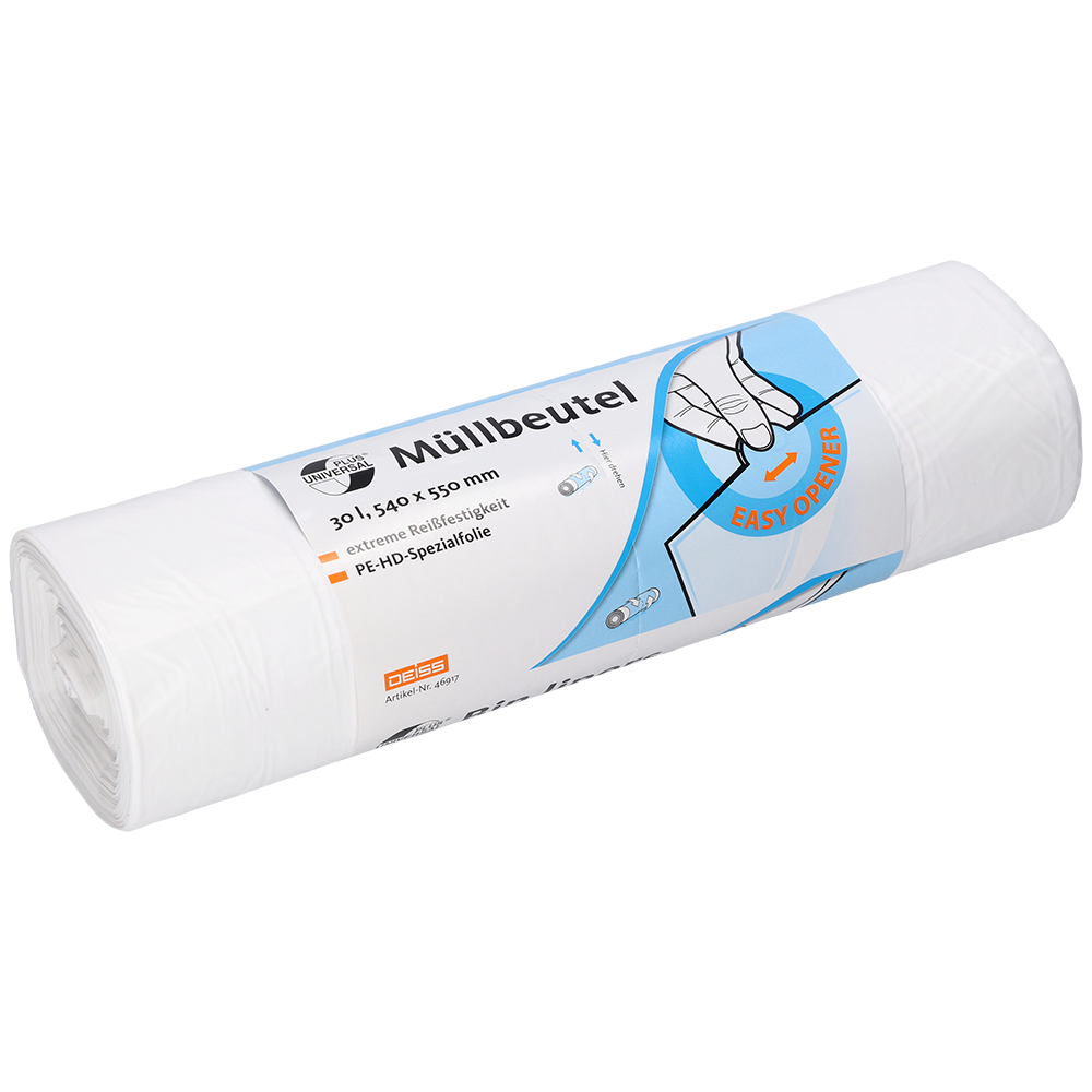 Een rol DEISS 46917 witte vuilniszakken (540x550x0,015 mm, 100 stuks) van EMIL DEISS KG (GmbH + Co.) in kunststofverpakking met Duitse informatie en een handtrek-illustratie - ideaal voor praktische afvalverwijdering.