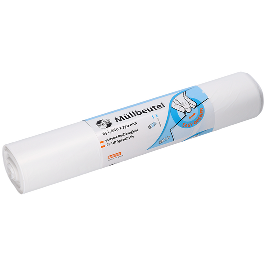 Eine Rolle EMIL DEISS KG (GmbH + Co.) DEISS 46918 Müllsäcke (660x770x0,015 mm, weiß, 50 Stück) verpackt in einem Etikett mit "Müllbeutel", Produktangaben, einer Hand, die einen Beutel hält, und Entsorgungs- oder Lagersymbolen.