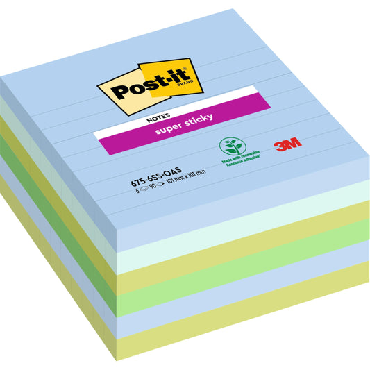 Ein Stapel großer Post-it® Super Sticky Notes (101 x 101 mm, 90 Blatt, 100% PEFC) von 3M Deutschland GmbH. Das oberste Blatt ist mit Branding und Forstzertifizierung versehen.