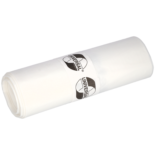 Eine Rolle EMIL DEISS KG (GmbH + Co.) DEISS Abfallsäcke 575x1000x0,018 mm aus HDPE 50 l, verpackt mit einer beschrifteten Papierbanderole. Diese stabilen weißen Müllsäcke sind ideal für den täglichen Gebrauch. Abgebildet auf einem unifarbenen, hellen Hintergrund.