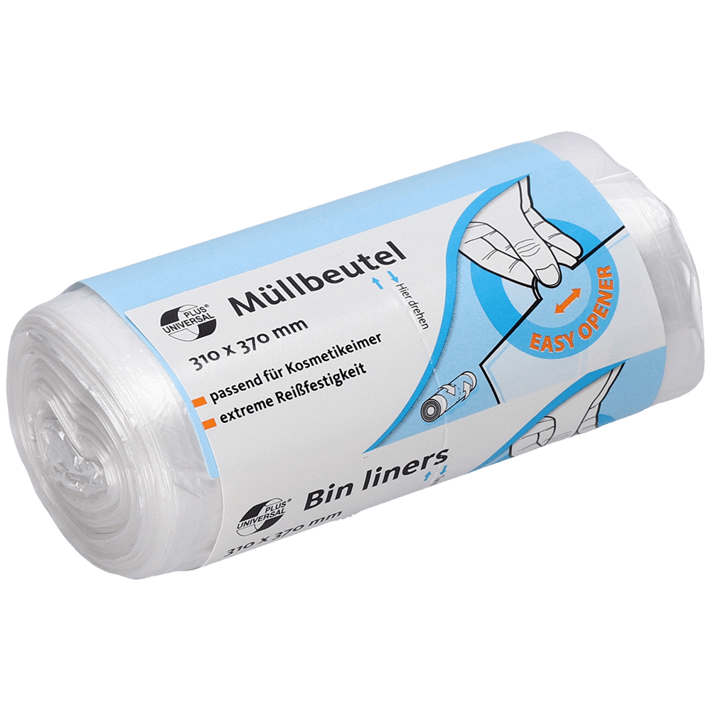 Een rol EMIL DEISS KG (GmbH + Co.) DEISS 49909 zakken, 310x370 mm transparant (50 stuks), met blauw-wit, tweetalig etiket met informatie over grootte, scheurvastheid en openinghulp met handgetekende illustraties.