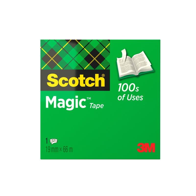 Een groene doos Scotch® Magic™ Onzichtbare Tape van 3M Deutschland GmbH, gelabeld met "100s of Uses", met een afbeelding van een open boek; bevat 1 rol (19 mm x 66 m).