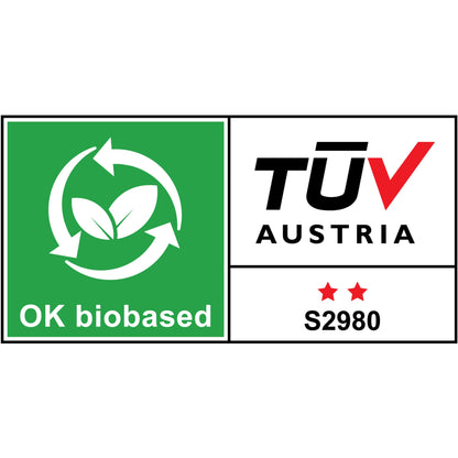 Ein grünes "OK biobased"-Zertifikat mit Recycling-Symbol, Blättern, "TÜV AUSTRIA", zwei roten Sternen und dem Code "S2980" kennzeichnet das Scotch® Magic™ Klebeband von 3M (66% pflanzlicher Klebstoff, 19 mm x 33 m, 9 Rollen/Packung).