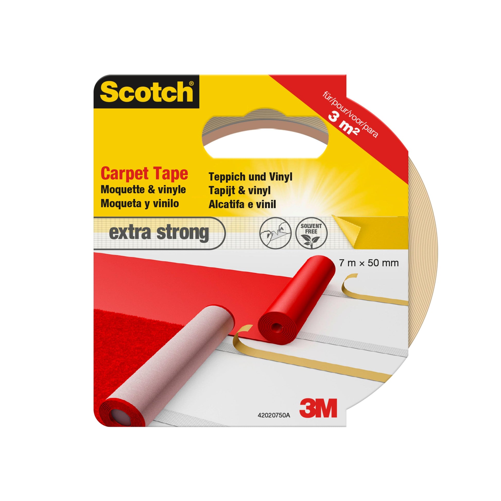 Die Verpackung von Scotch® Teppichklebeband (1 Rolle) der 3M Deutschland GmbH zeigt extra starkes Teppich- und Vinylband (7 m x 50 mm), mit mehrsprachigem Text, Band- und Bodenbildern und dem 3M Logo unten rechts.