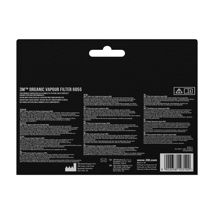 Rückansicht der 3M™ Filtersatz 6004-1SP (ABEK1P3 Kombinationsfilter) Packung von 3M Deutschland GmbH mit Details, Gebrauchs- und Sicherheitsinformationen in mehreren Sprachen - geeignet für Atemschutzanwendungen. Enthält 2x6059, 2x5935, 2x501.