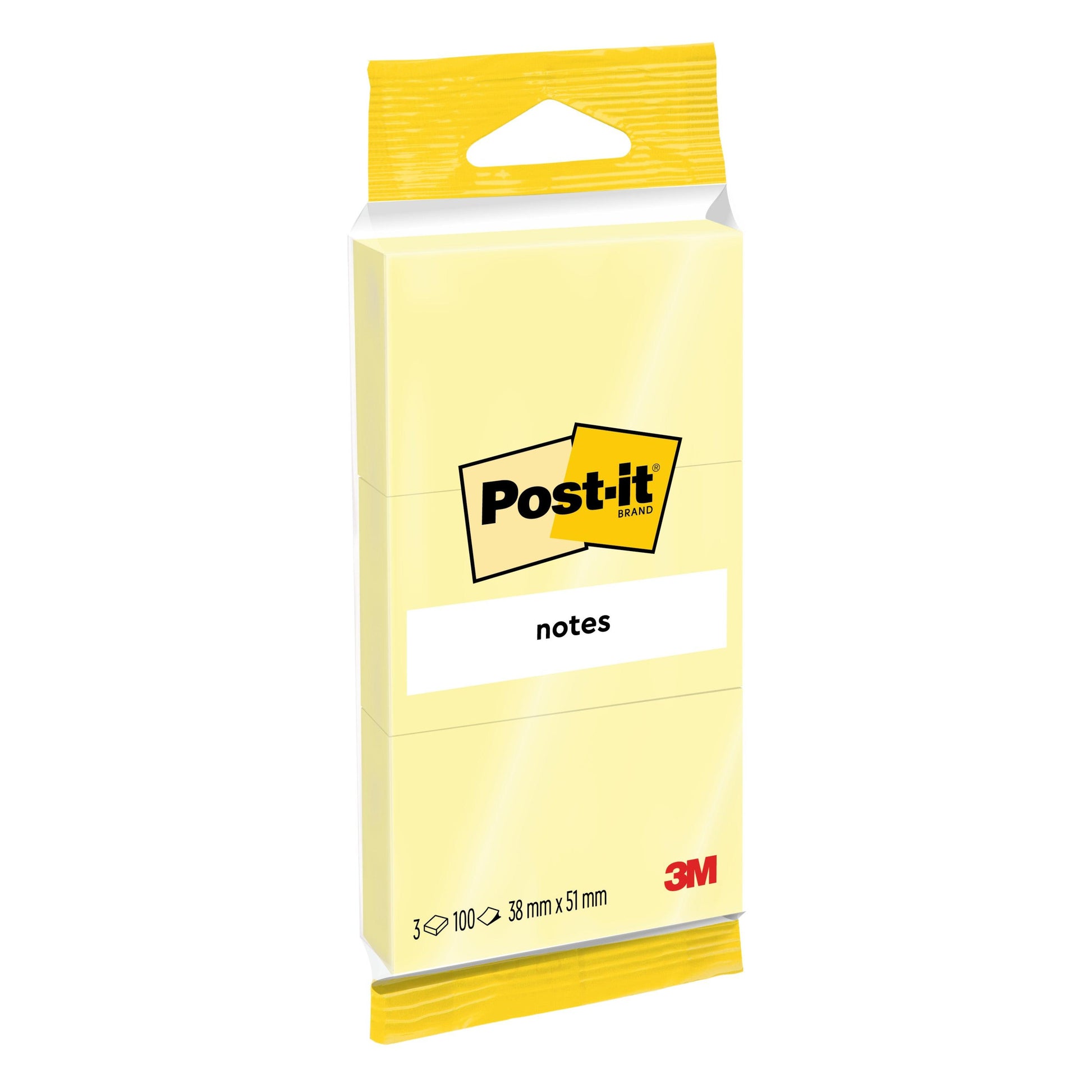 Eine Packung Post-it® Notes 6810GB von 3M Deutschland GmbH enthält 3 gelbe Blöcke (38 x 51 mm, je 100 Blatt), ist PEFC-zertifiziert (SGSCH-PEFC-COC-110078) und wird in einer Markenverpackung geliefert.