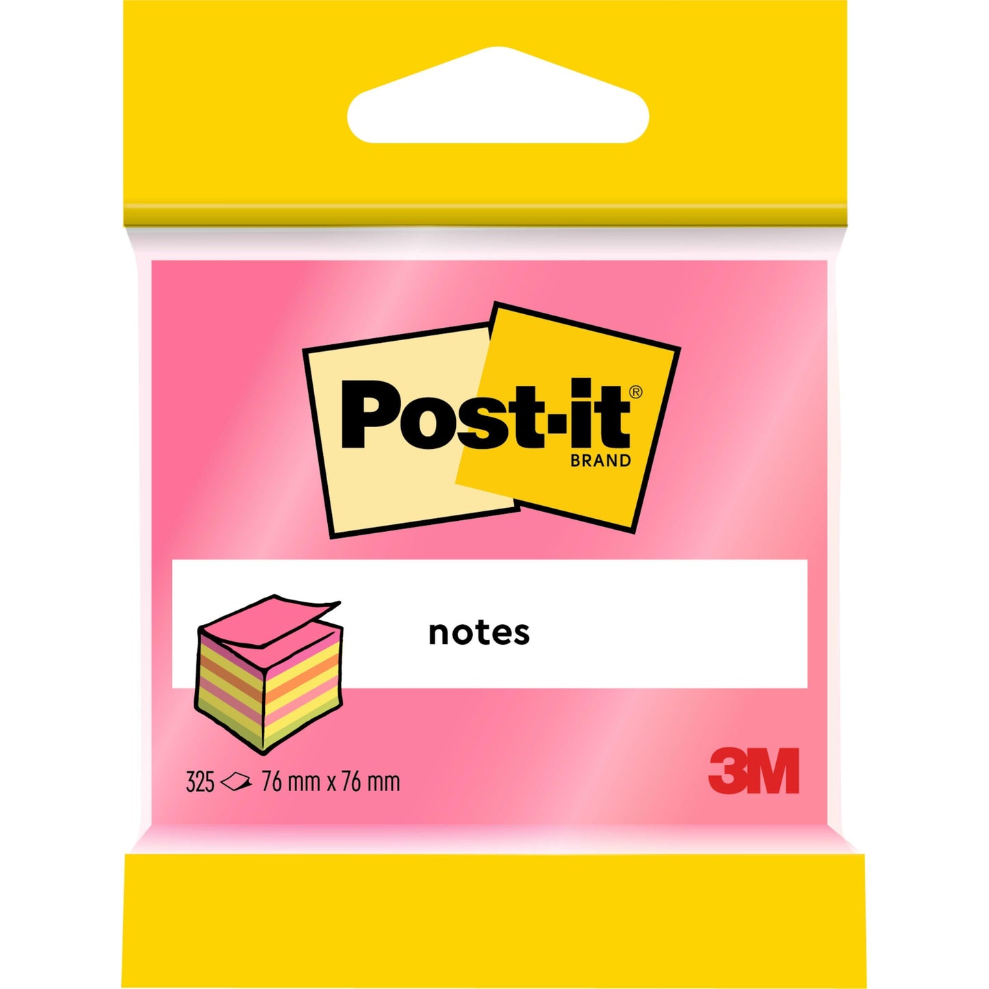 Un paquet de cubes de notes Post-it® de 3M Deutschland GmbH offre 325 feuillets roses et jaunes (76 mm x 76 mm) par bloc. Ils sont idéaux pour le quotidien au bureau et sont fabriqués à partir de papier 100% certifié PEFC (SGSCH-PEFC-COC-110078).