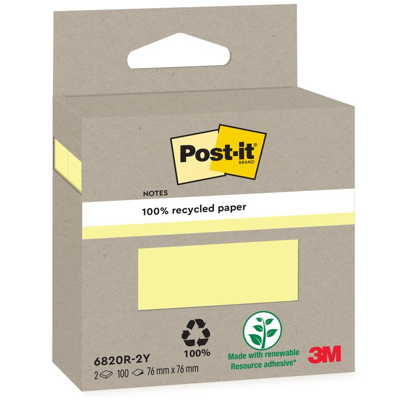 Een kartonnen doos met Post-it® Recycling Notes (76 mm x 76 mm, 100% PEFC, 2 blokken à 100 vellen) van 3M Deutschland GmbH is voorzien van recycling-symbolen en het 3M-logo in de rechter benedenhoek.