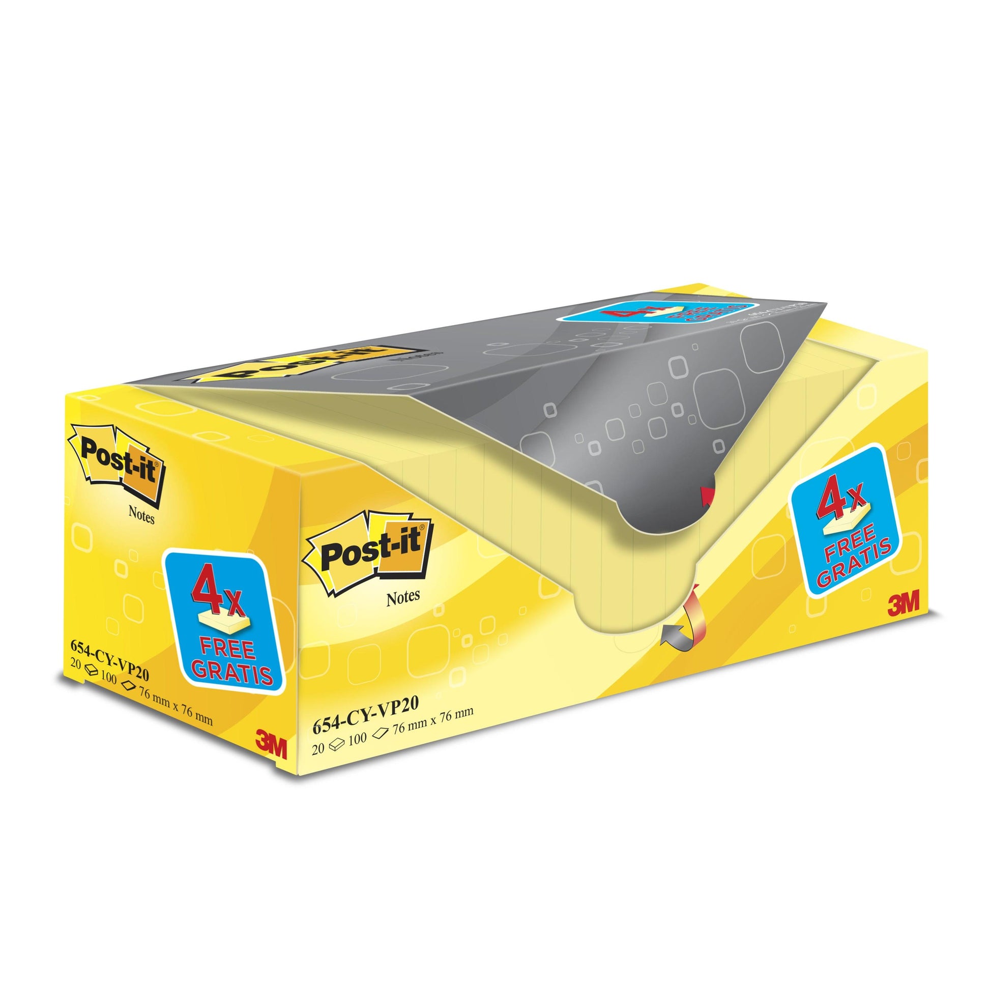 Eine gelbe Schachtel Post-it® Notes (76x76 mm) mit 16 Blöcken plus 4 gratis, insgesamt 100 Blatt pro Block. Die Kartonverpackung ist zu 100% PEFC-zertifiziert und trägt das Logo der 3M Deutschland GmbH in der rechten unteren Ecke.