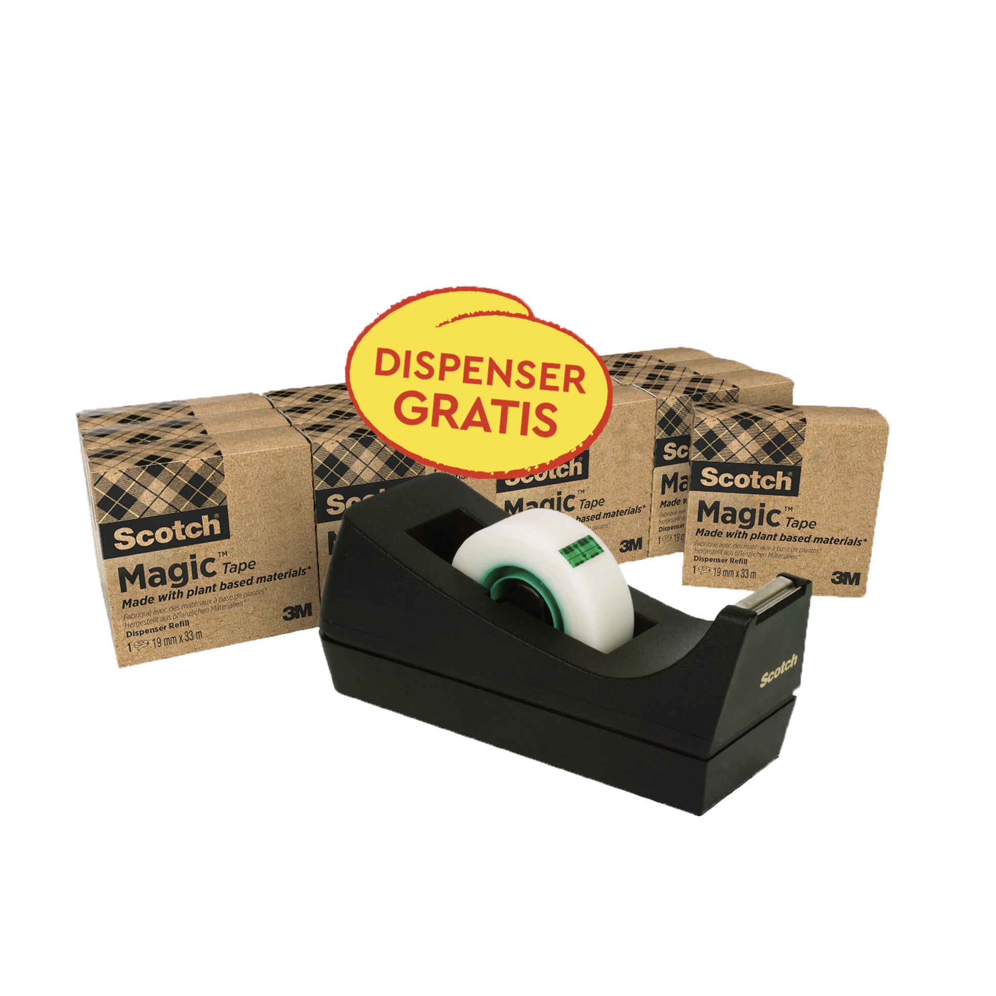 Ein schwarzer Scotch® Abroller C38 mit einer Rolle Scotch® Magic™ Klebeband (19 mm x 33 m, pflanzlicher Klebstoff) der 3M Deutschland GmbH steht vor Klebebandboxen. Auf einem Etikett steht "DISPENSER GRATIS.