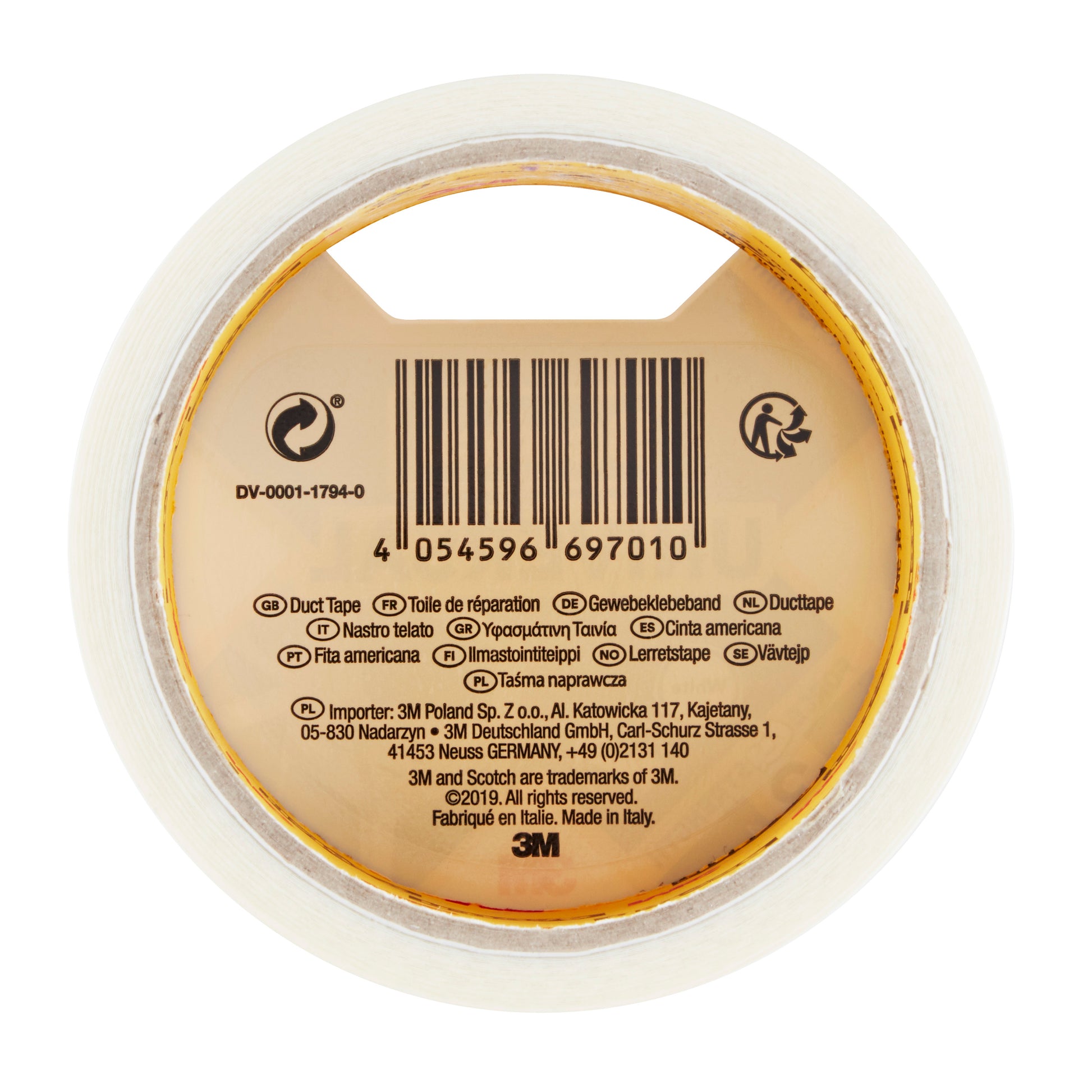 Eine Rolle Scotch® Universal Klebeband 2904 (10 m x 48 mm) der 3M Deutschland GmbH in der Draufsicht, mit Barcode, Produktinformation und "Duct Tape" in mehreren Sprachen auf dem inneren Kartonkern.